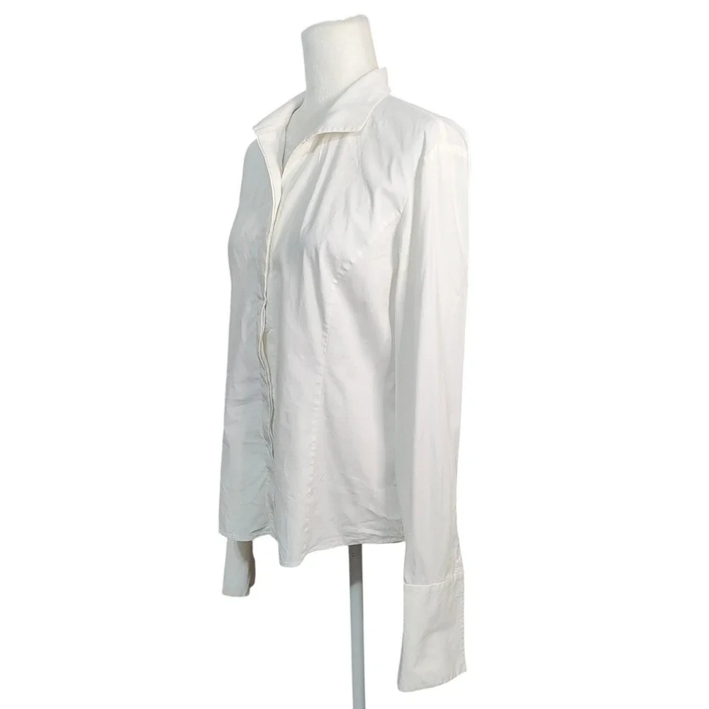 Lafayette 148 New York White Stretch Cotton Button Down Shirt French Cuffs 10 - Picture 2 of 11